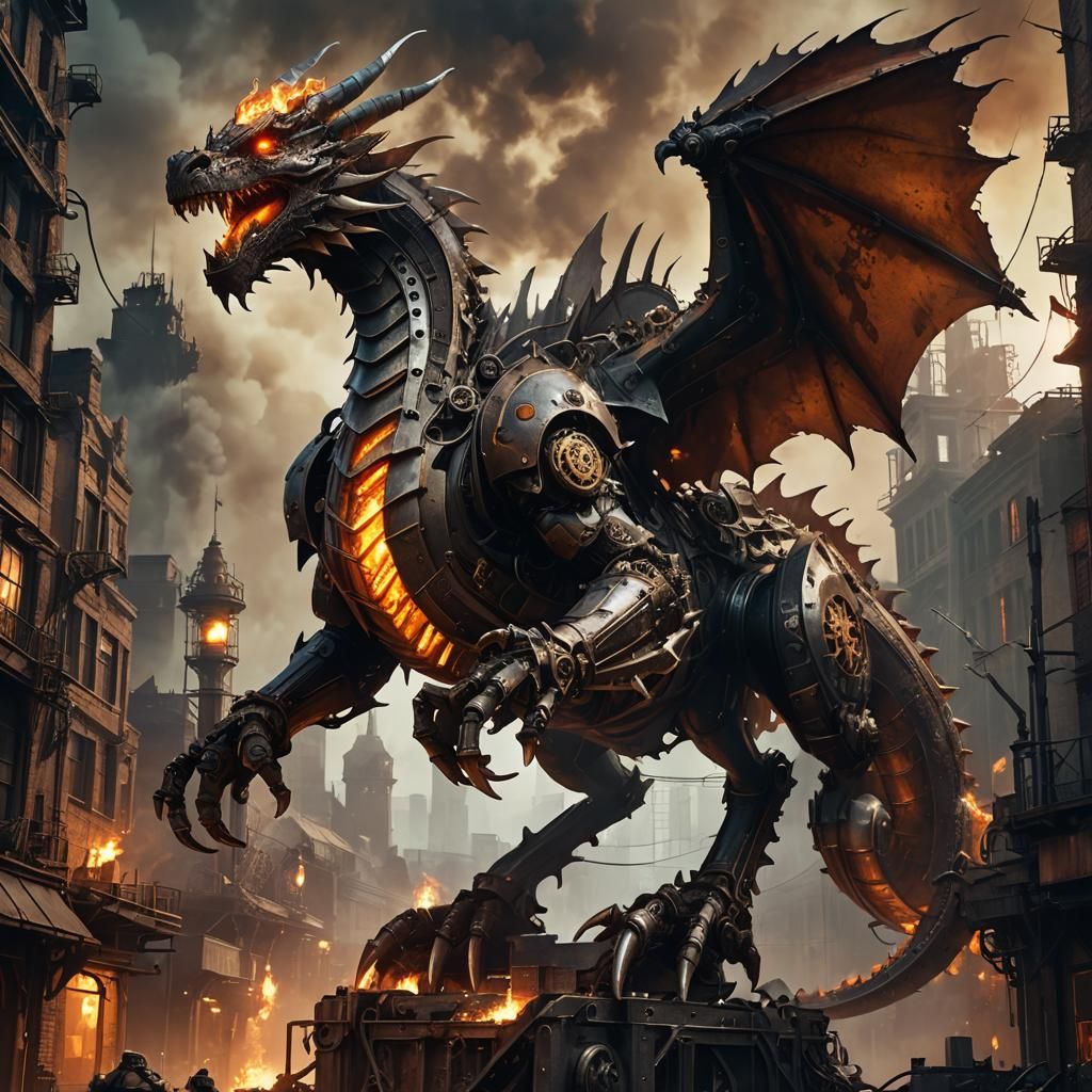 Steampunk Steel Dragon in Post-Apocalyptic Cityscape
