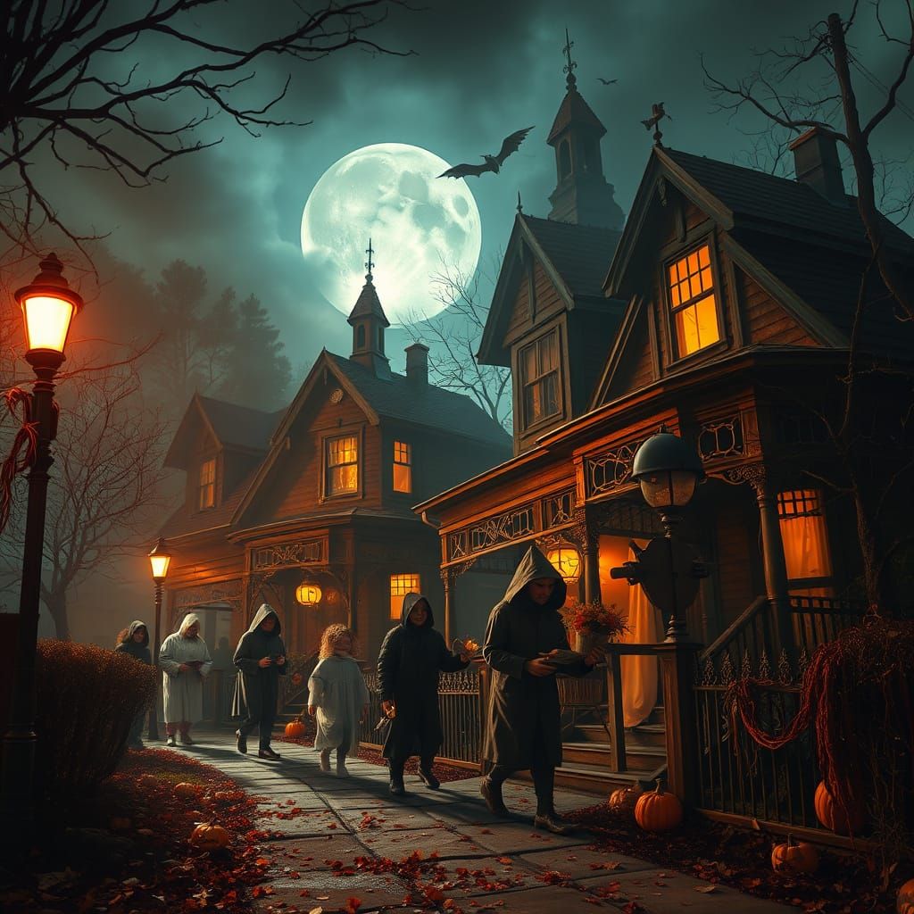 Spooky Halloween Night with Haunted Houses and Eerie Costume...