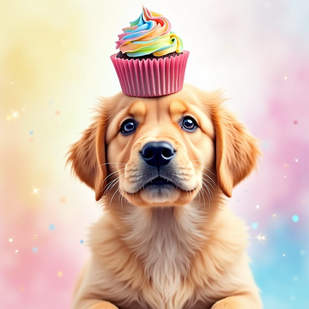 Golden Retriever Puppy Balances Cupcakes, Watercolor Style