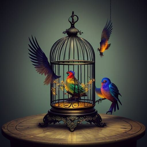 Antique Birdcage with Vibrant Feathers Splash Art