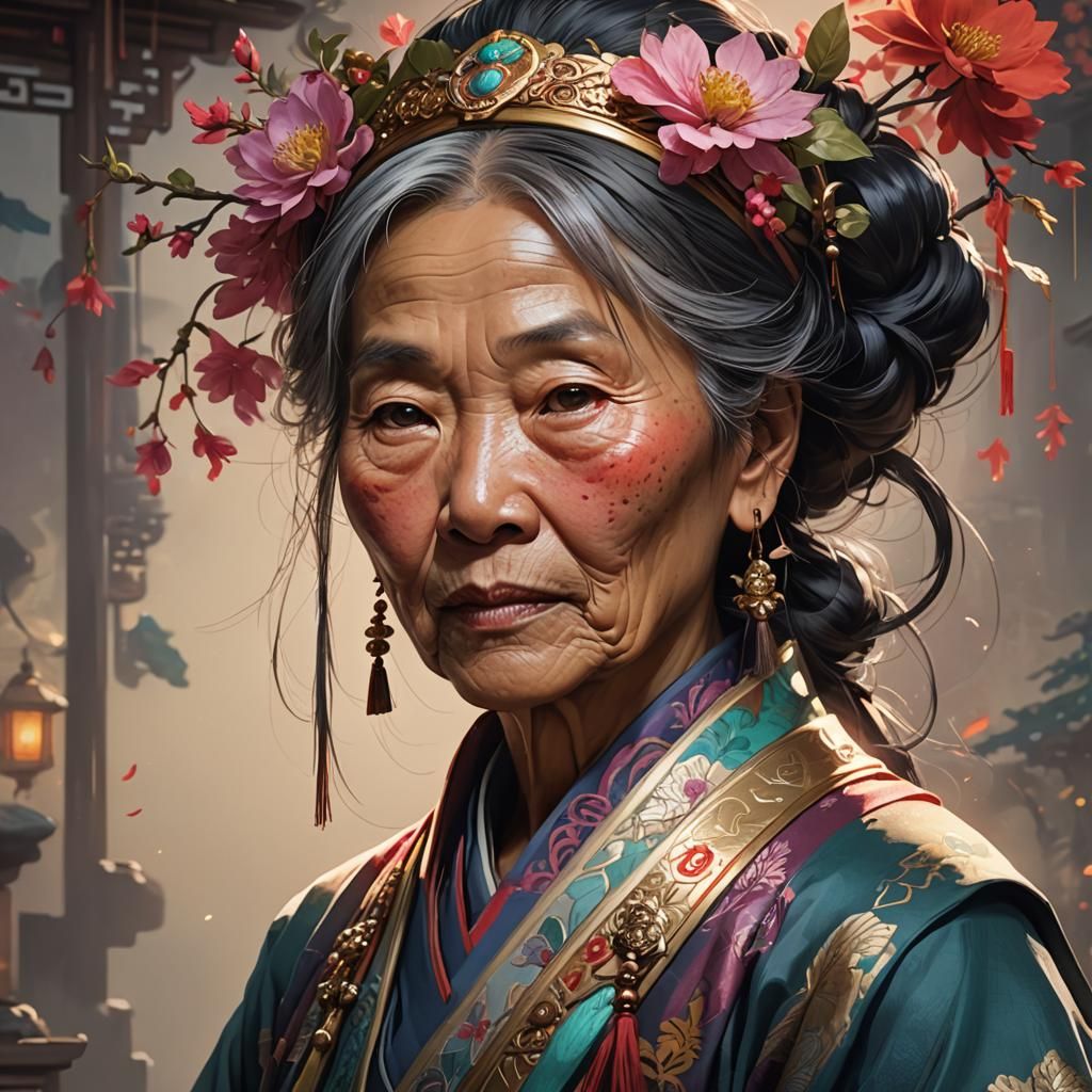 Detailed Portrait of Old Chinese Woman in Artgerm Style