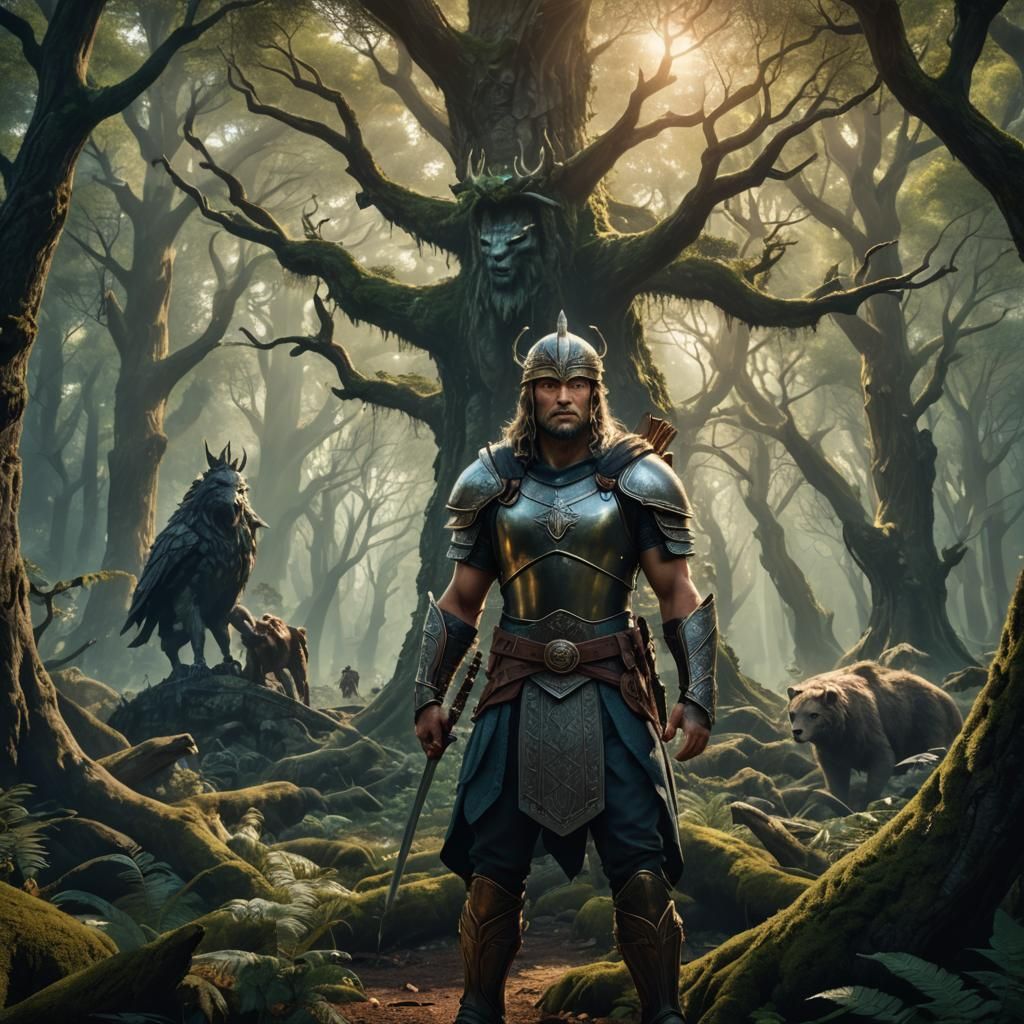 Heroic Warrior in Mystical Forest Concept Art