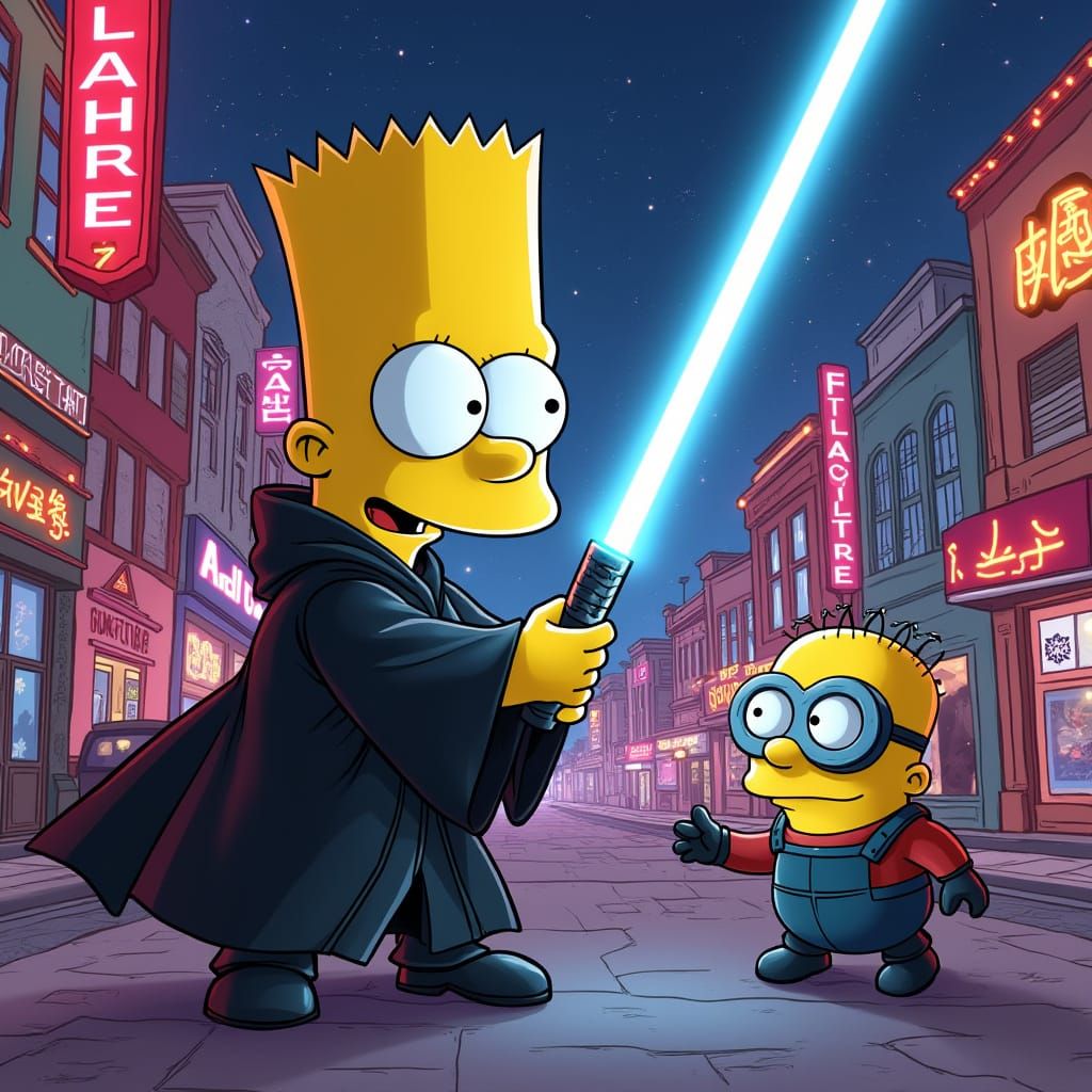 Bart Simpson vs Minion Lightsaber Duel in Neon Springfield
