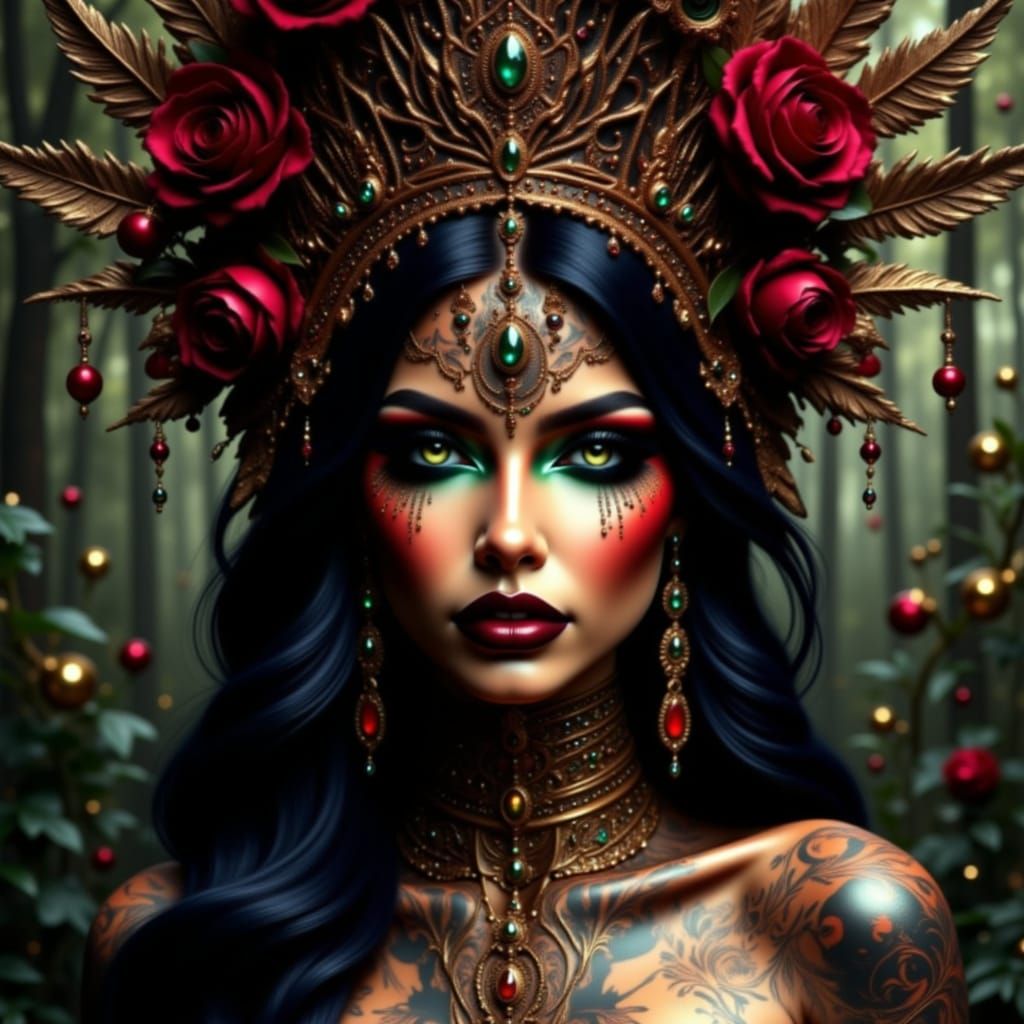 <lora:The Midnight Maven 2:1.0> <lora:The Midnight Maven 2:.07>  A hyper realistic image of a voodoo priestess in tradin...