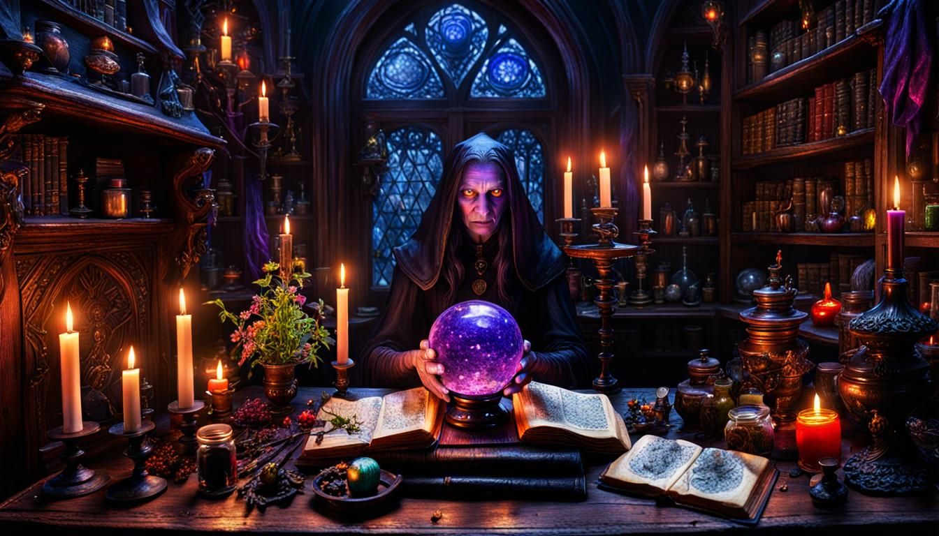 Detailed Dark Witch Lair in Maximalist Style