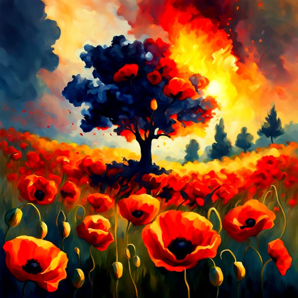 Fiery Tree in Red Poppy Field at Sundown