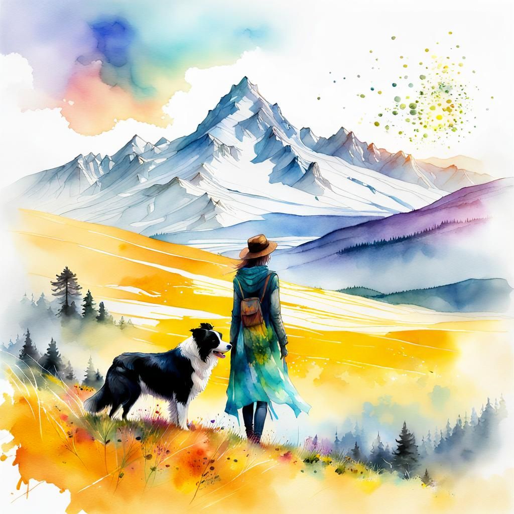 Watercolor Woman with Collie in Spring Landscape