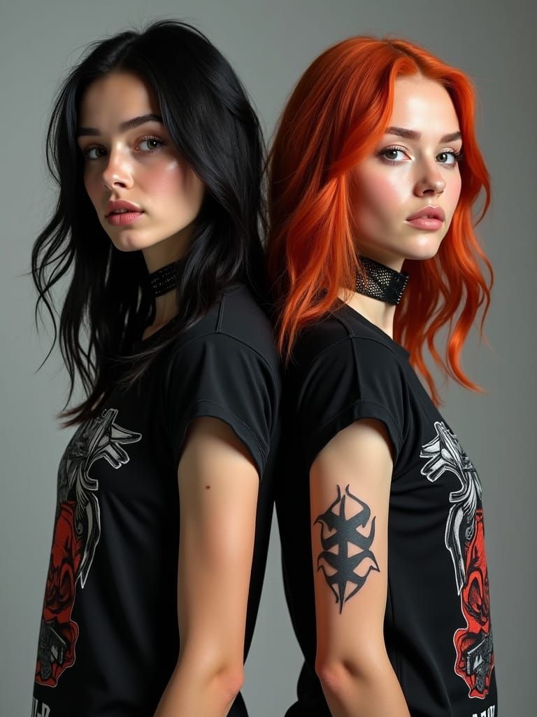 Two young women standing back to back, polar opposites of each other