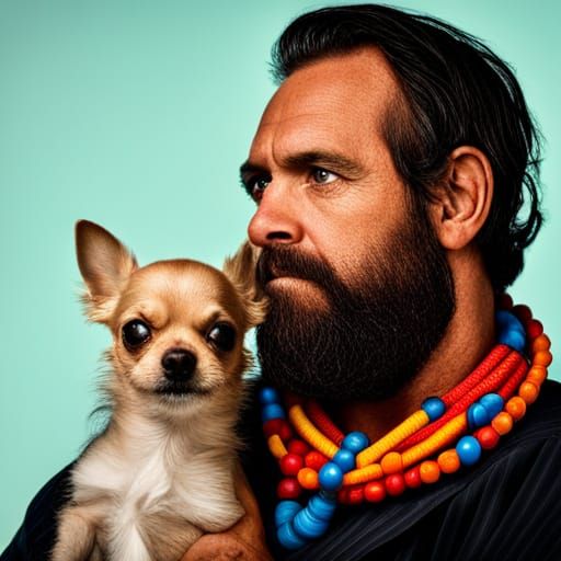 big bearded man with a little chihuahua