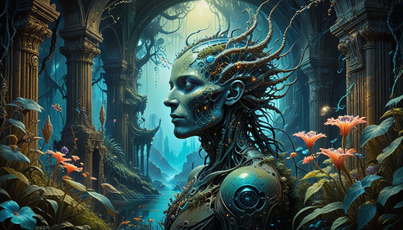 Bioluminescent Alien Jungle Ruins in Surreal Art Nouveau