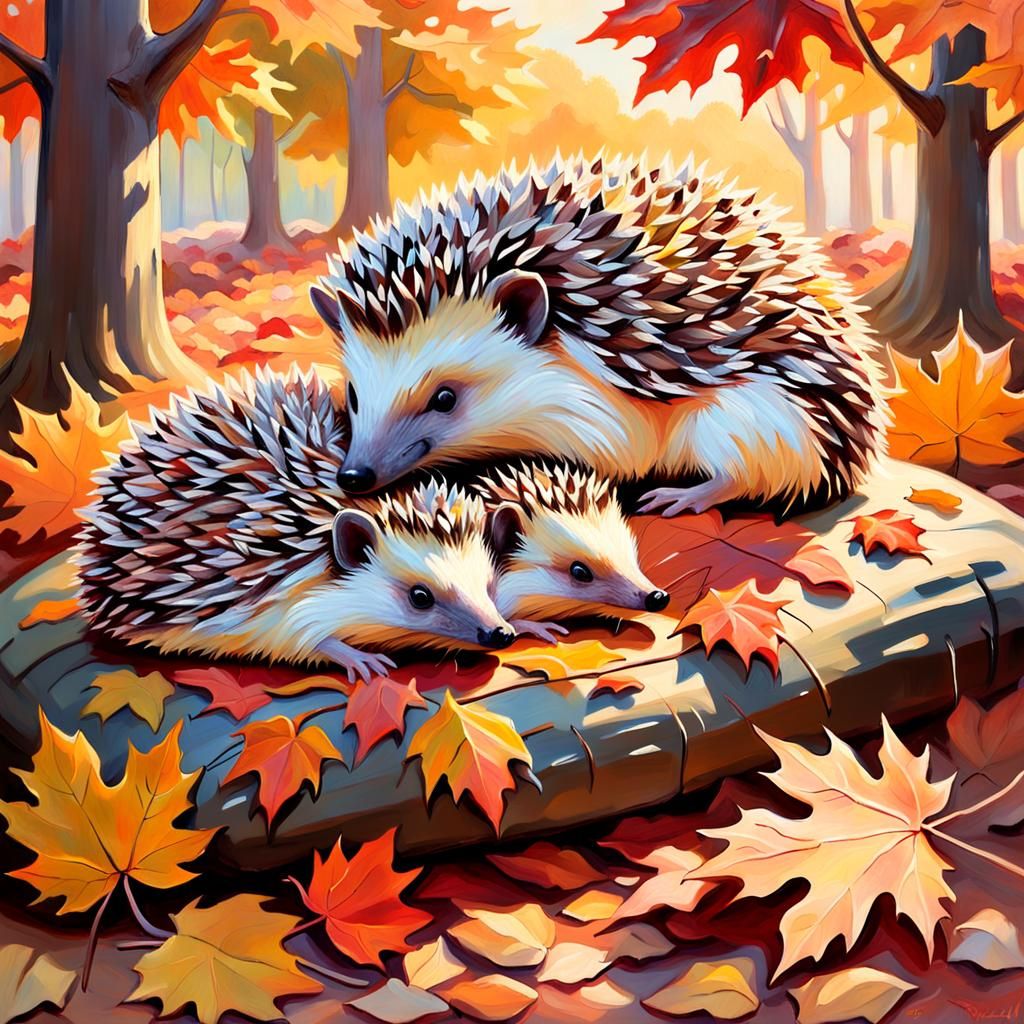 Mother Hedgehog and Babies: Impressionist Oil Painting