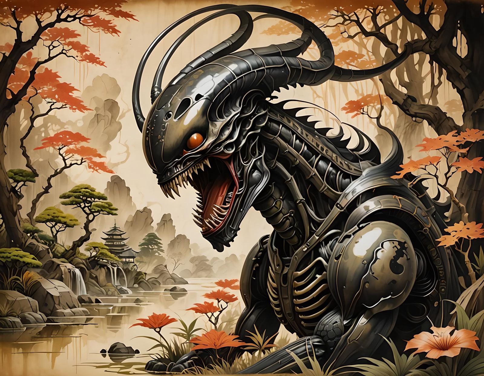 Xenomorph in Enchanted Japanese Garden: Sumi-e Style