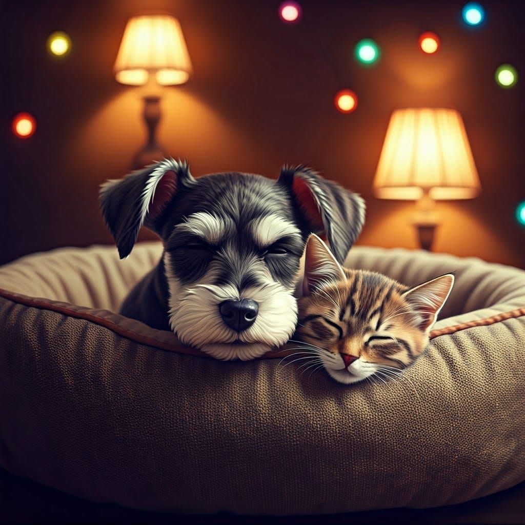 Mini Schnauzer and Cat Sleeping in Cozy Neon Lit Bed