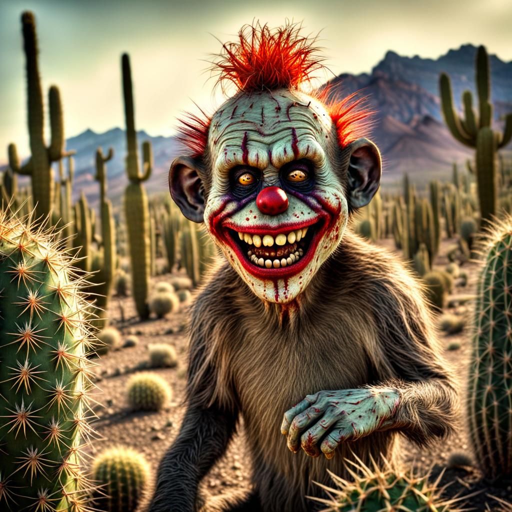 Hyperrealistic Zombie Monkey Clown Toddlers in Cacti Field