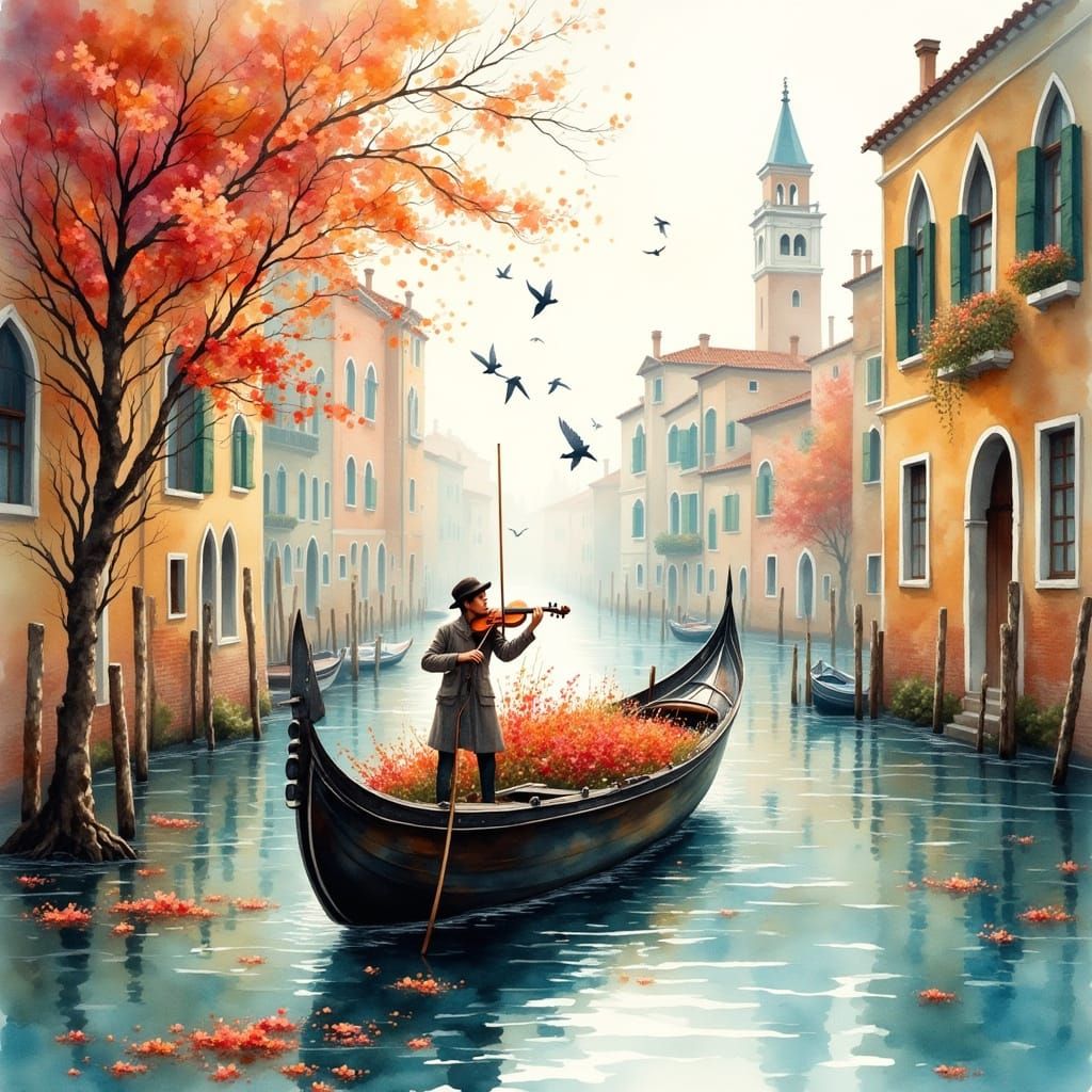 Venice Canal Gondola with Violinist in Watercolor Style