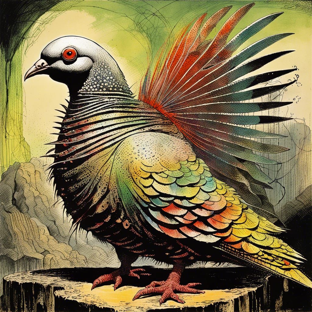 Intricate Spine Pigeon Monster Artwork