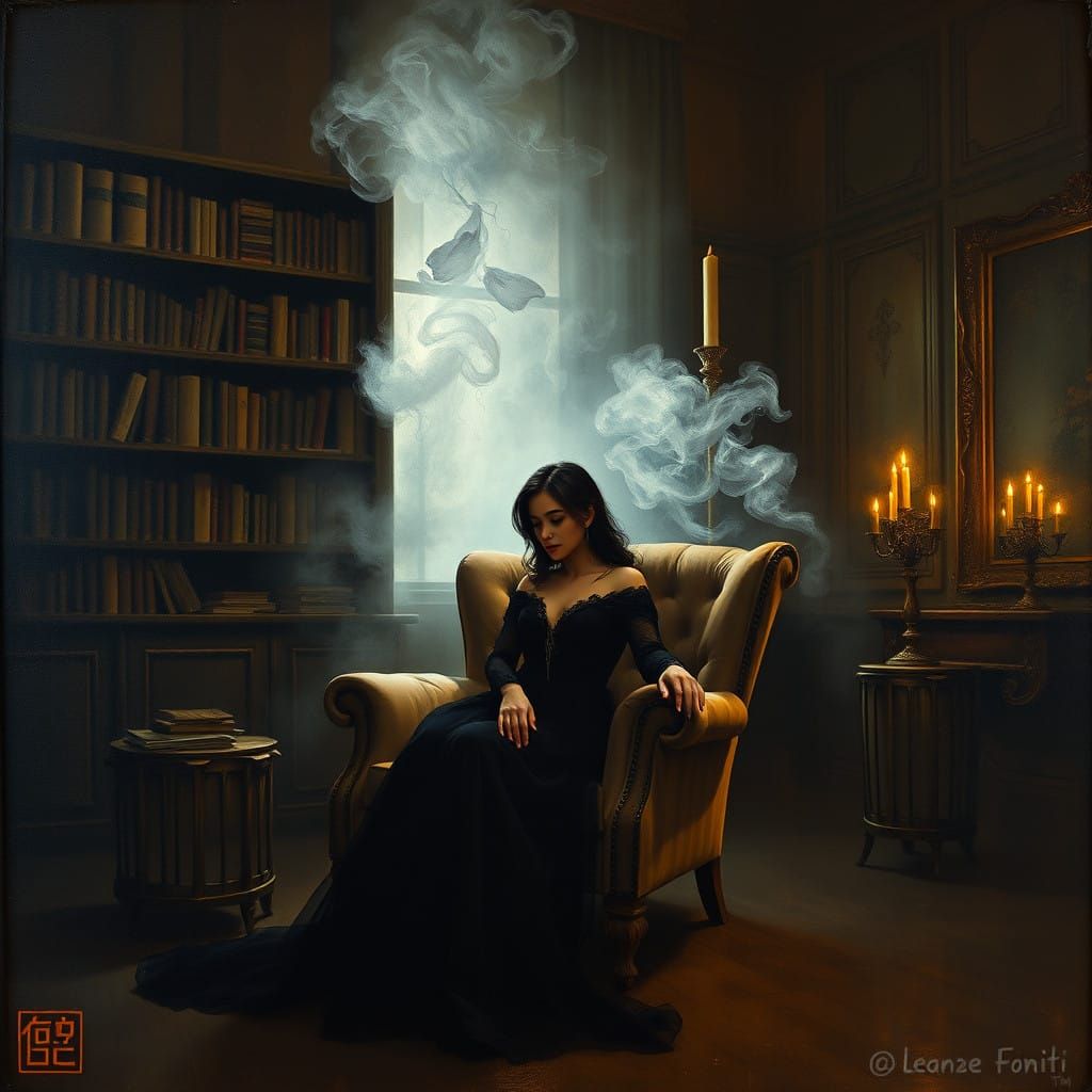 Mysterious Woman in a Smoky Study