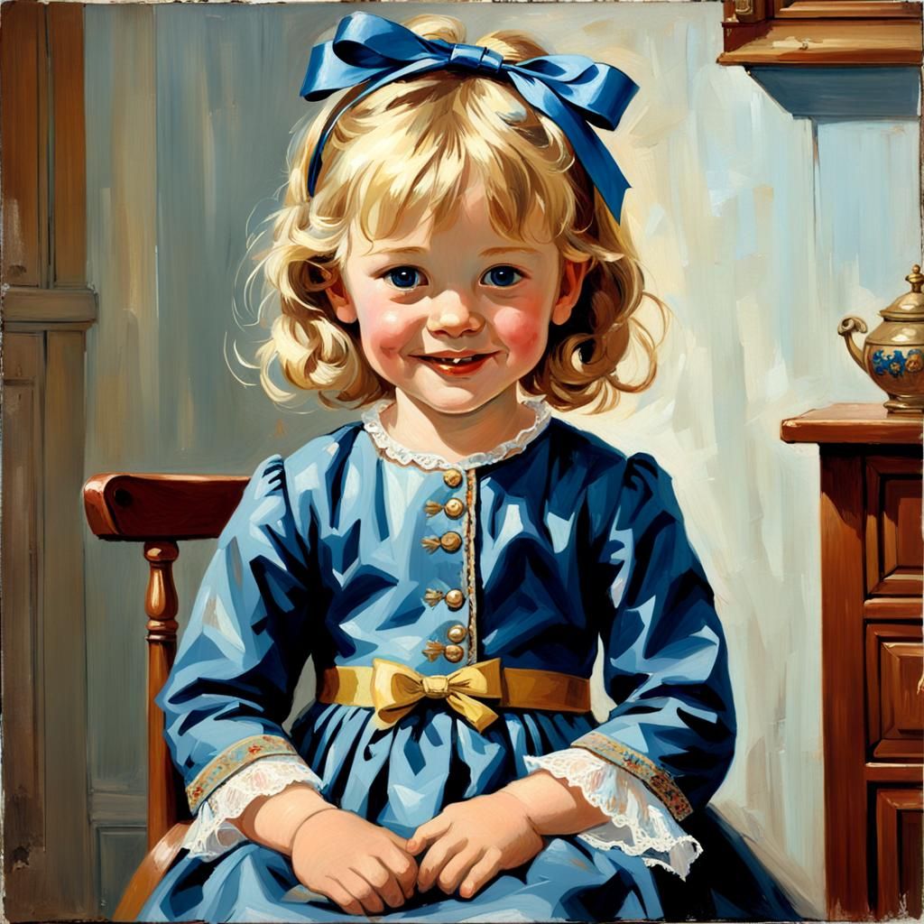 Blonde Girl Playing with Doll, Oil Painting Style