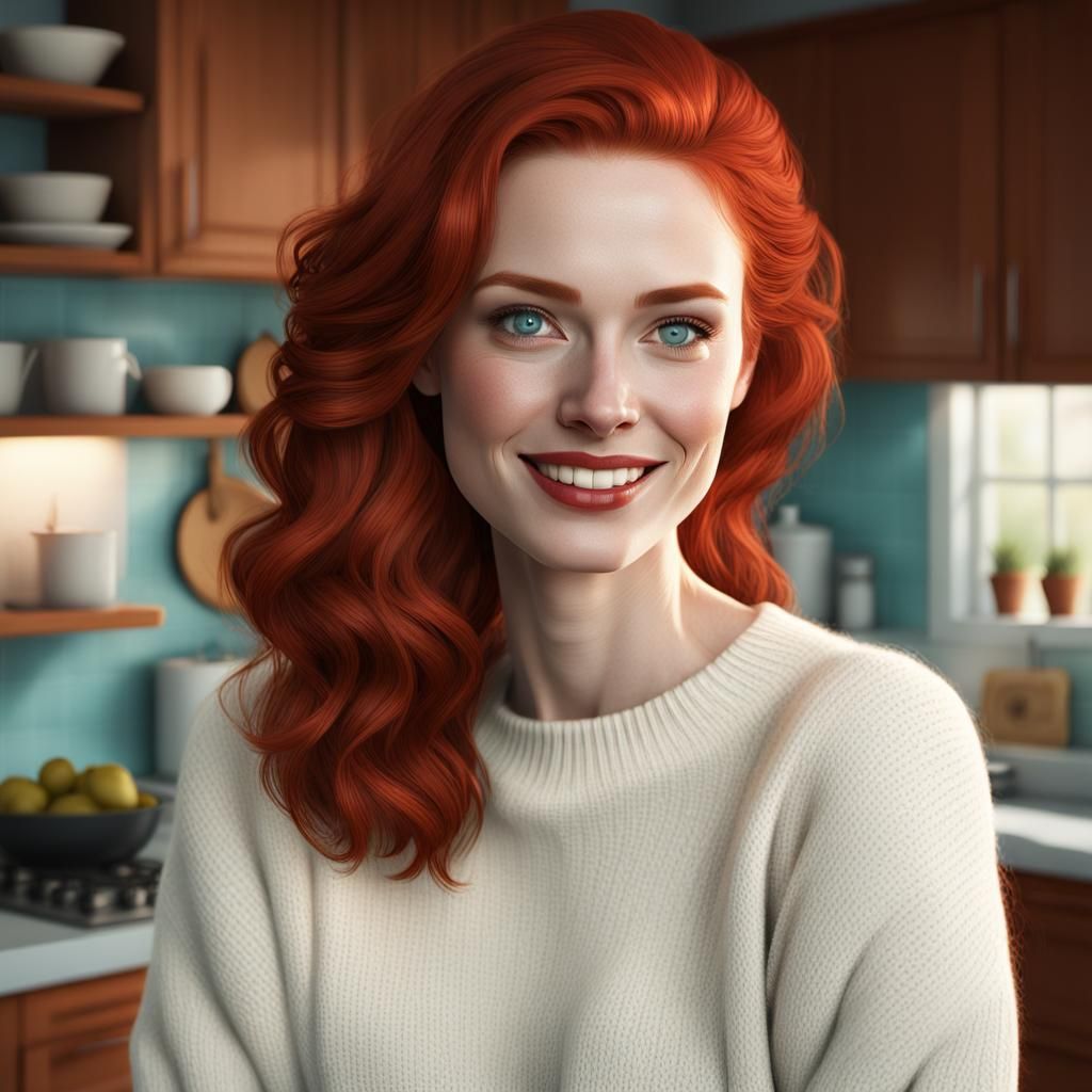 Redhead Woman Portrait in Kitchen, Greg Rutkowski Style