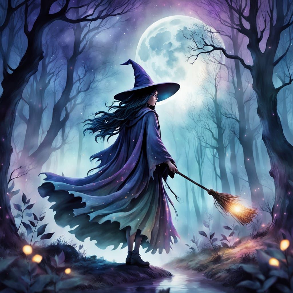 Enchanted Witch Soars Through a Dreamy Moonlit Forest