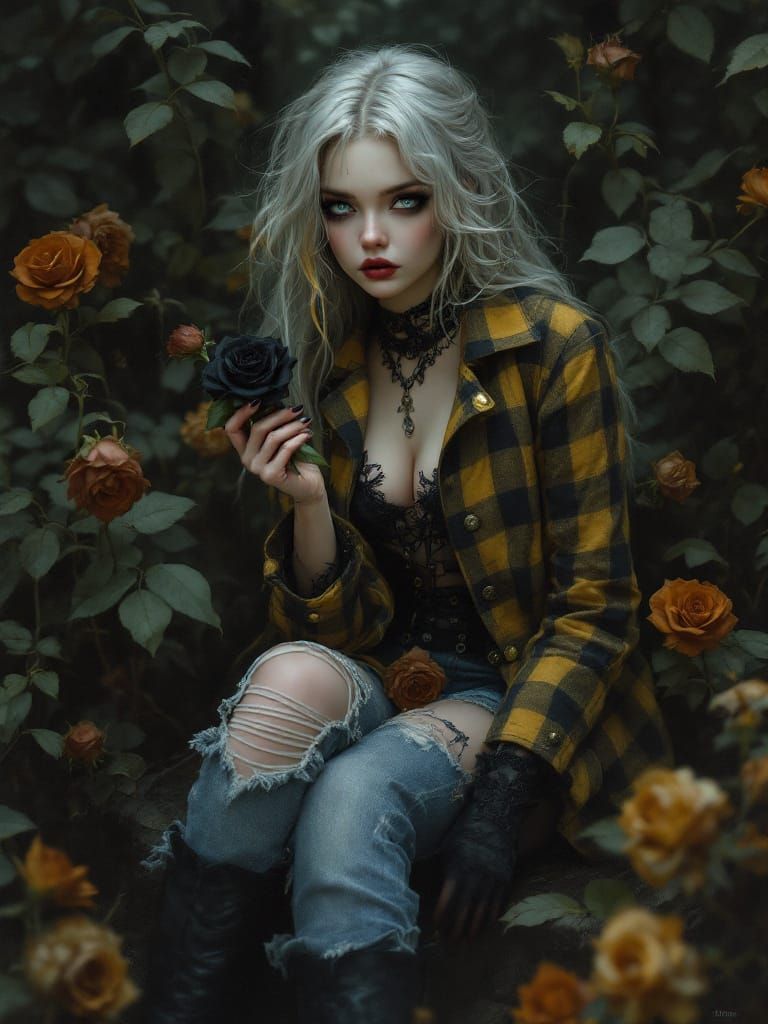 Gothic Woman Holding Black Roses in Misty Garden
