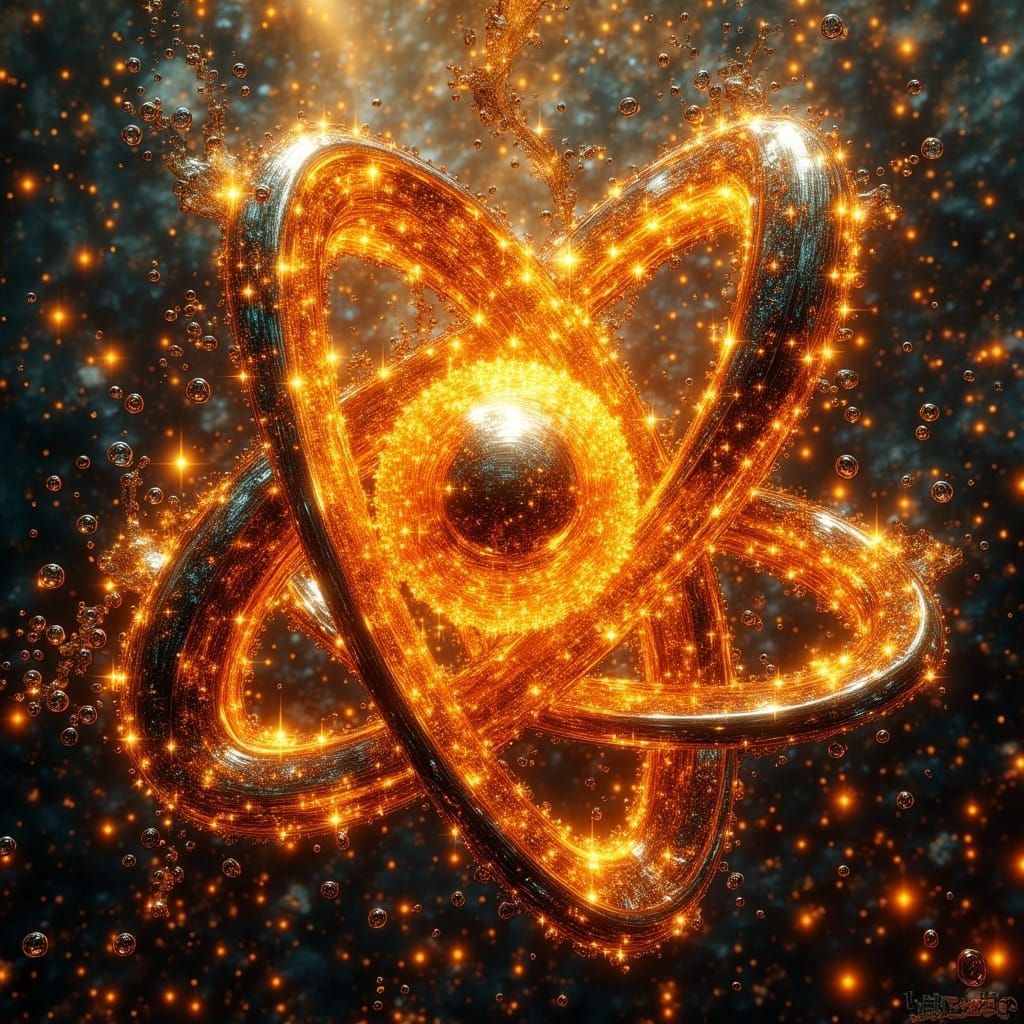 Glowing Atom Molecule in Vibrant Needlepoint Style