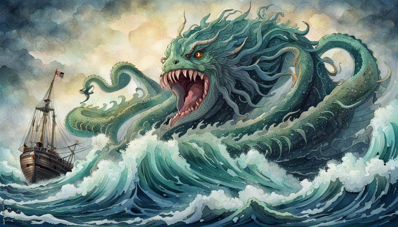 Menacing Sea Monster Attacks Ship: Impressionist Gouache Pai...