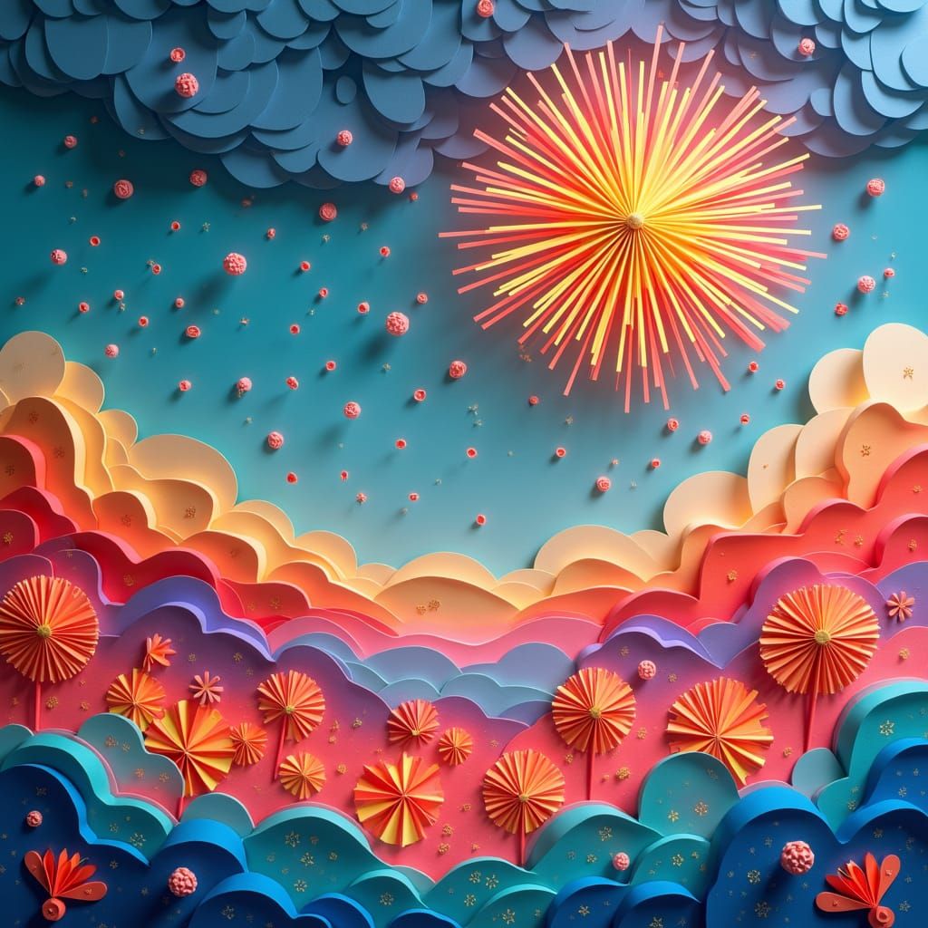 Papercraft Landscape Transforms into Fireworks Display