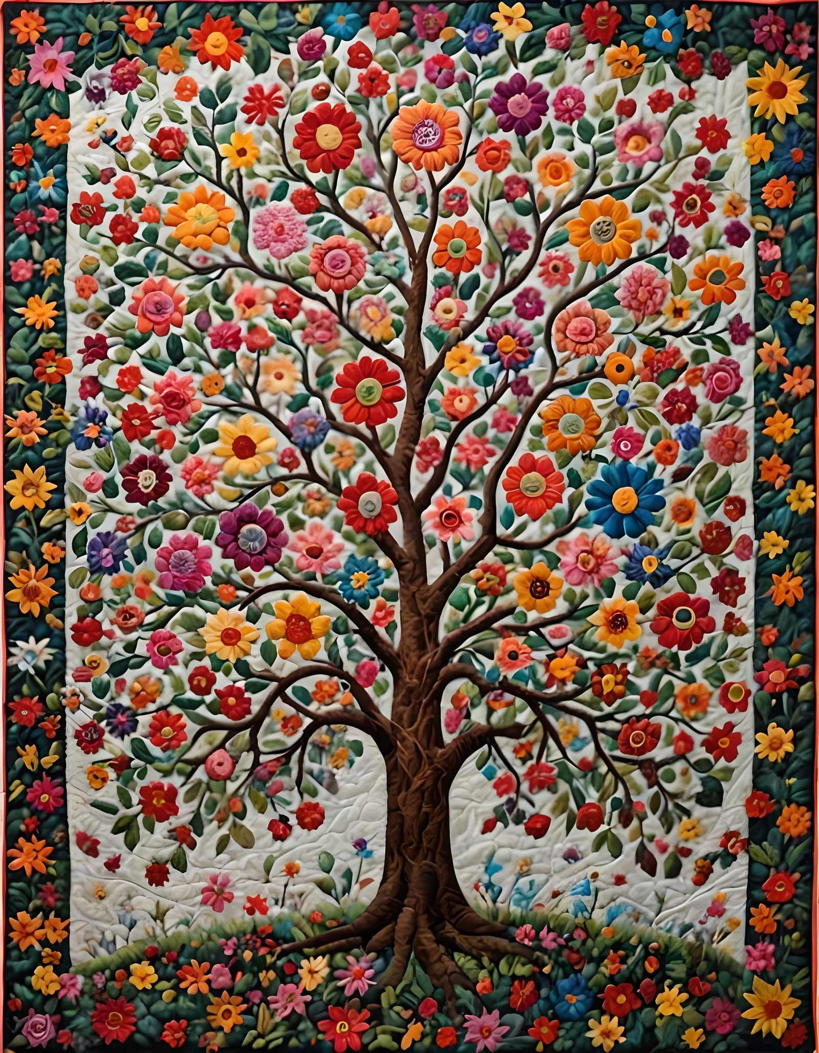 Elaborate Flower Tree Quilt in Vivid Colors