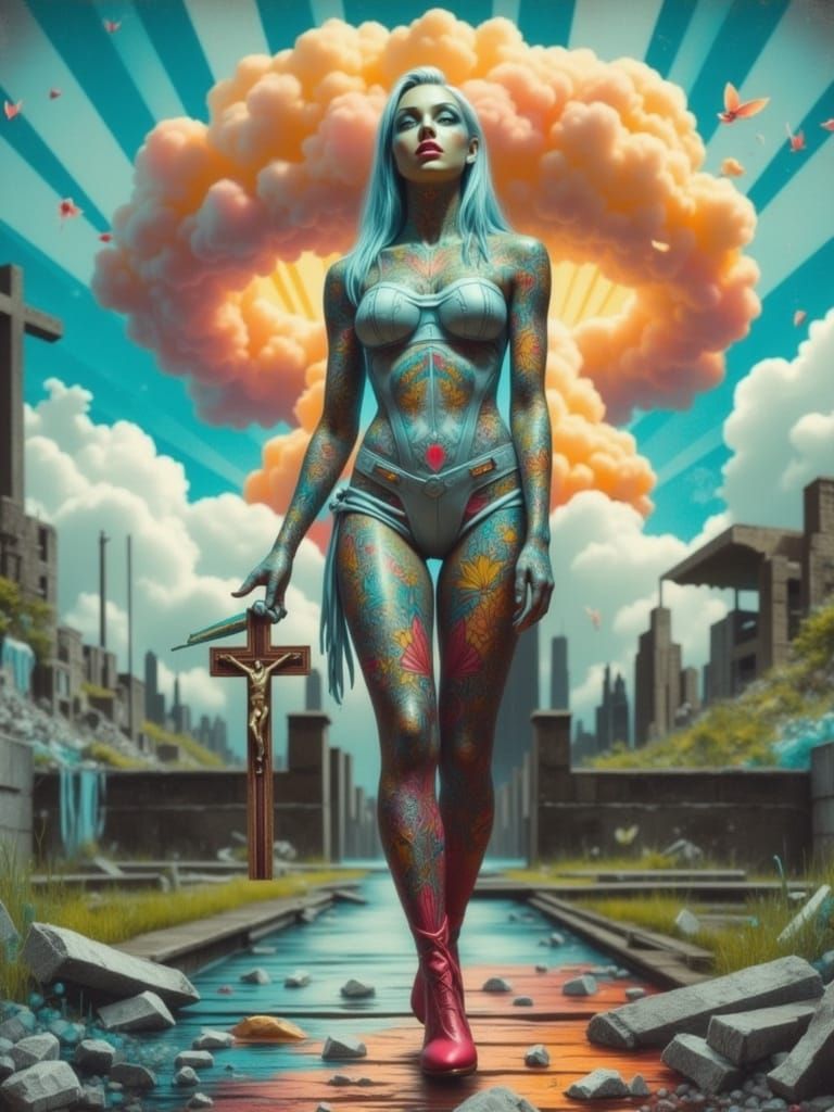 Apocalyptic Dreamscape with Religious Motifs in Pop Surreali...