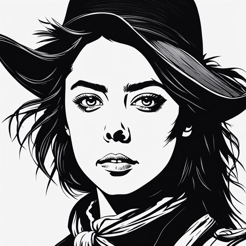 Aubrey Plaza as Wild West Drifter in Ink Illustration
