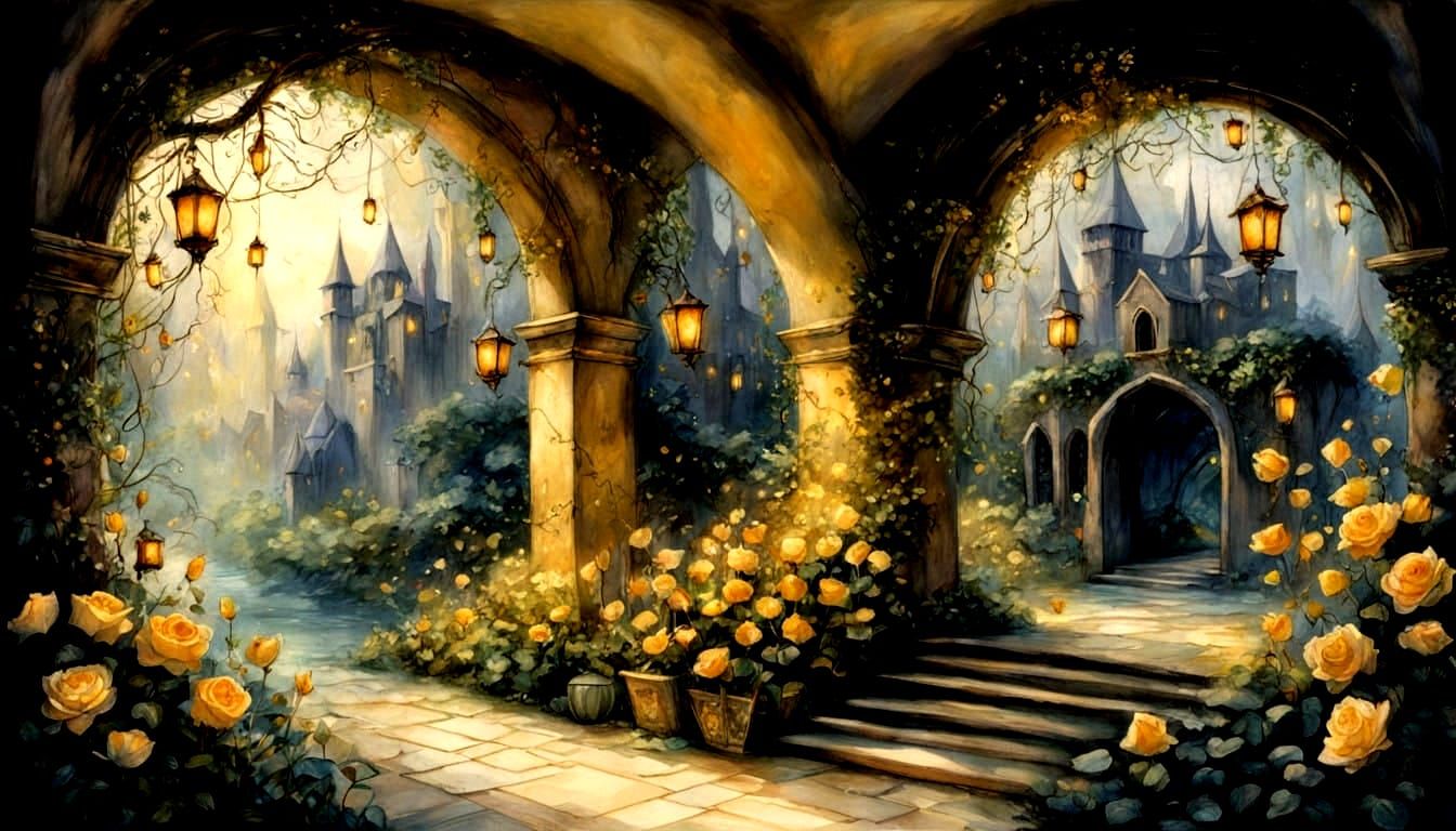 Whimsical Yellow Rose Arch in High Fantasy Garden