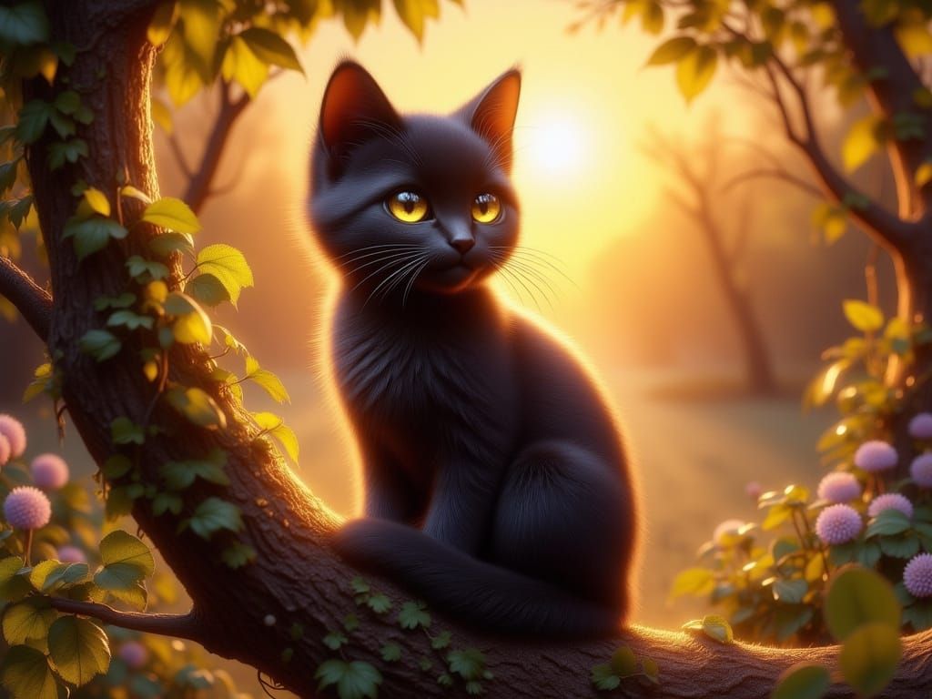 Adorable Black Cat in Golden Hour Sunlight