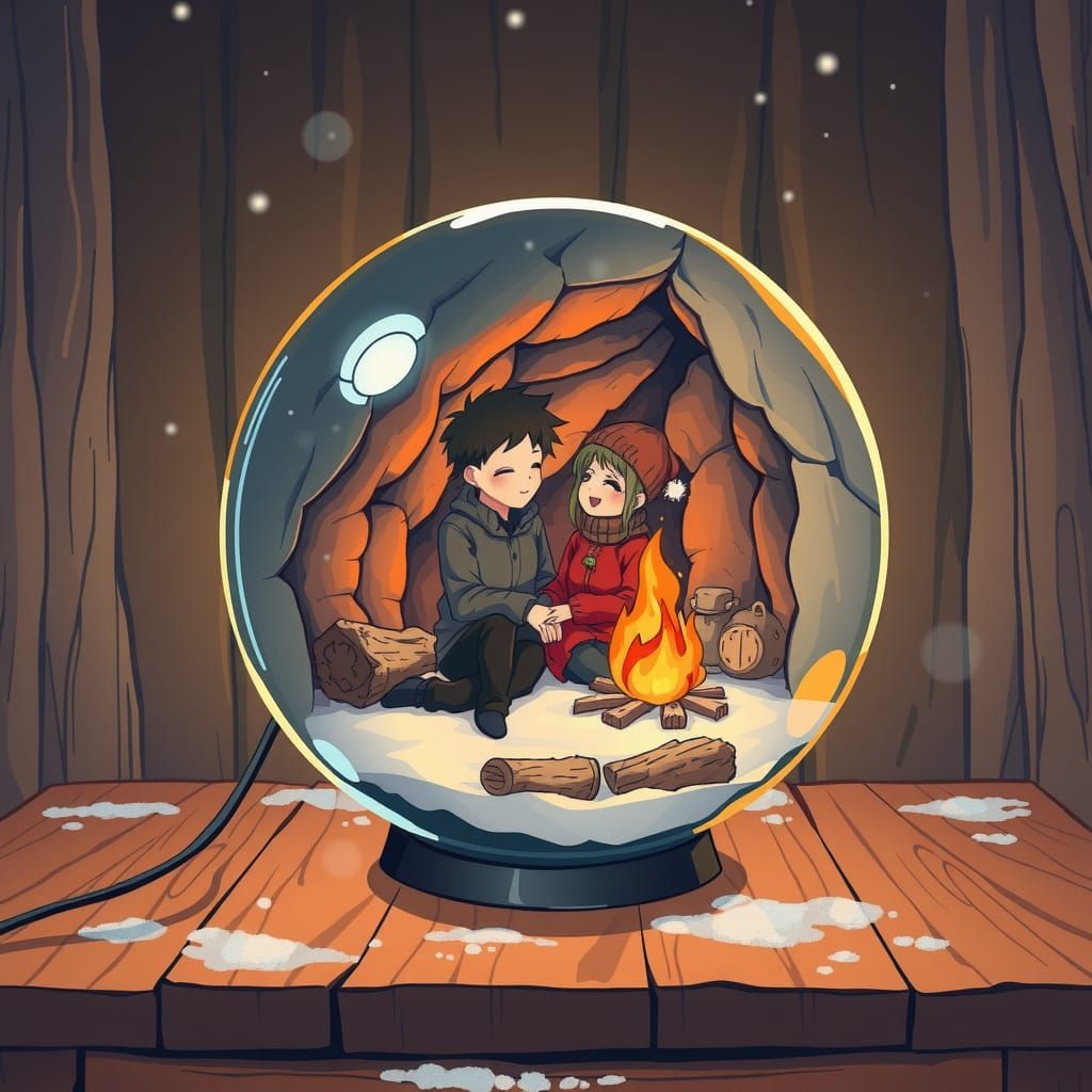 Anime Style: Couple in Orb Under Snowy Sky