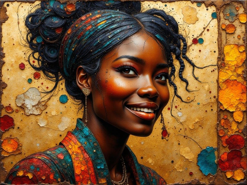 Impasto Portrait of Smiling Black Woman in Woven Boxes