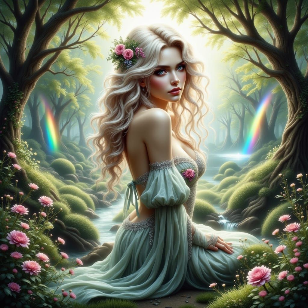 Ethereal Fae Enchantress Poses in Vibrant Forest