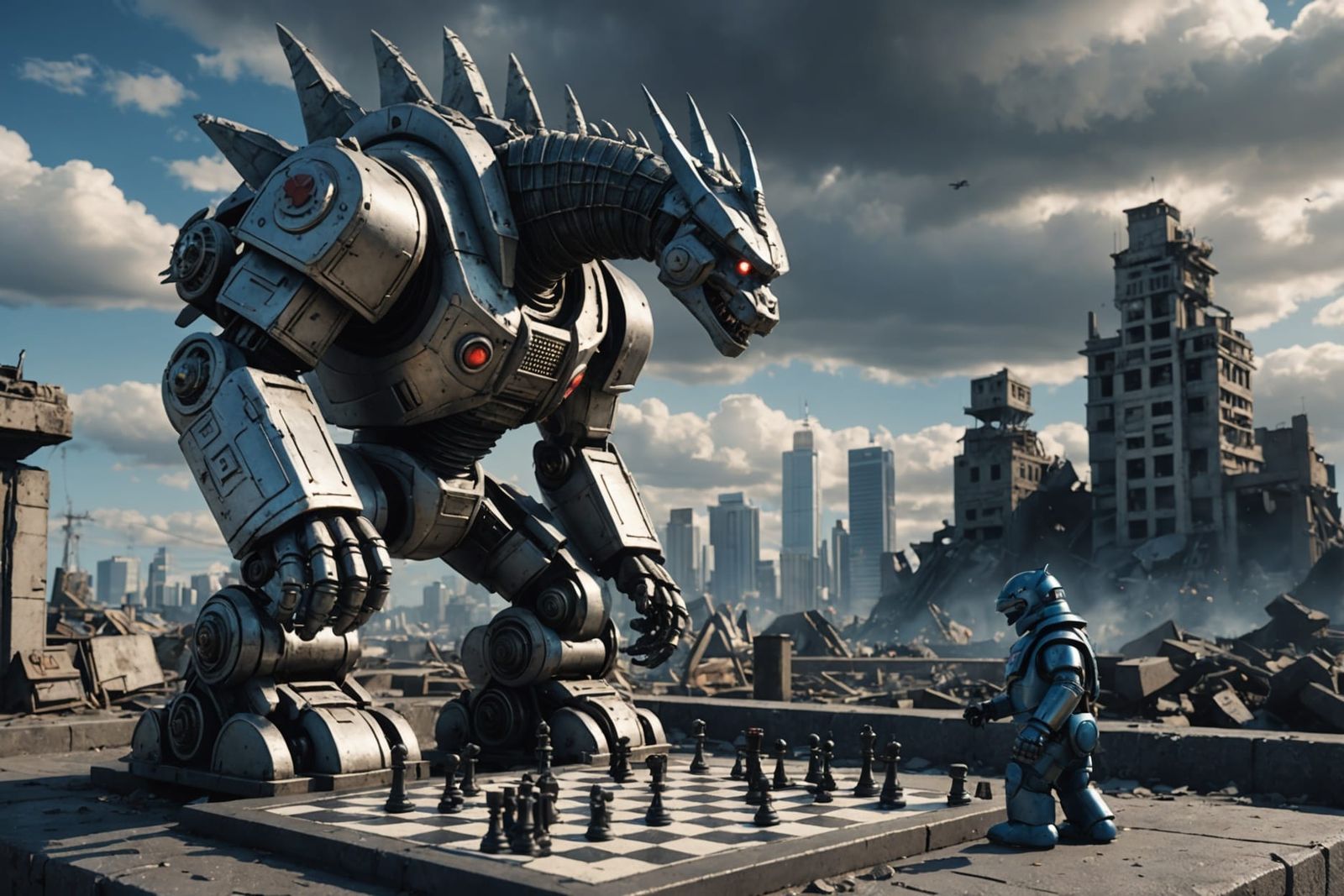 Giant Robot Chess Game with Godzilla in Sci-Fi City