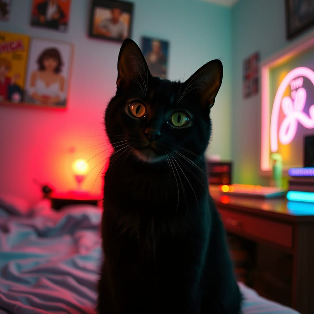 Neon Retro Cat Unwinds in a Dreamy Bedroom Scene