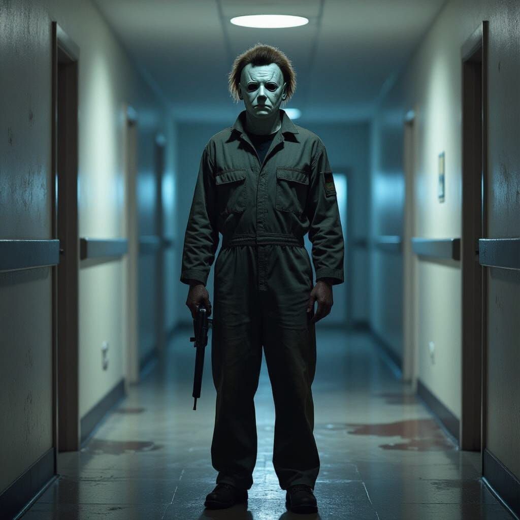 Michael Myers in Dimly Lit Hallway, Digital Art