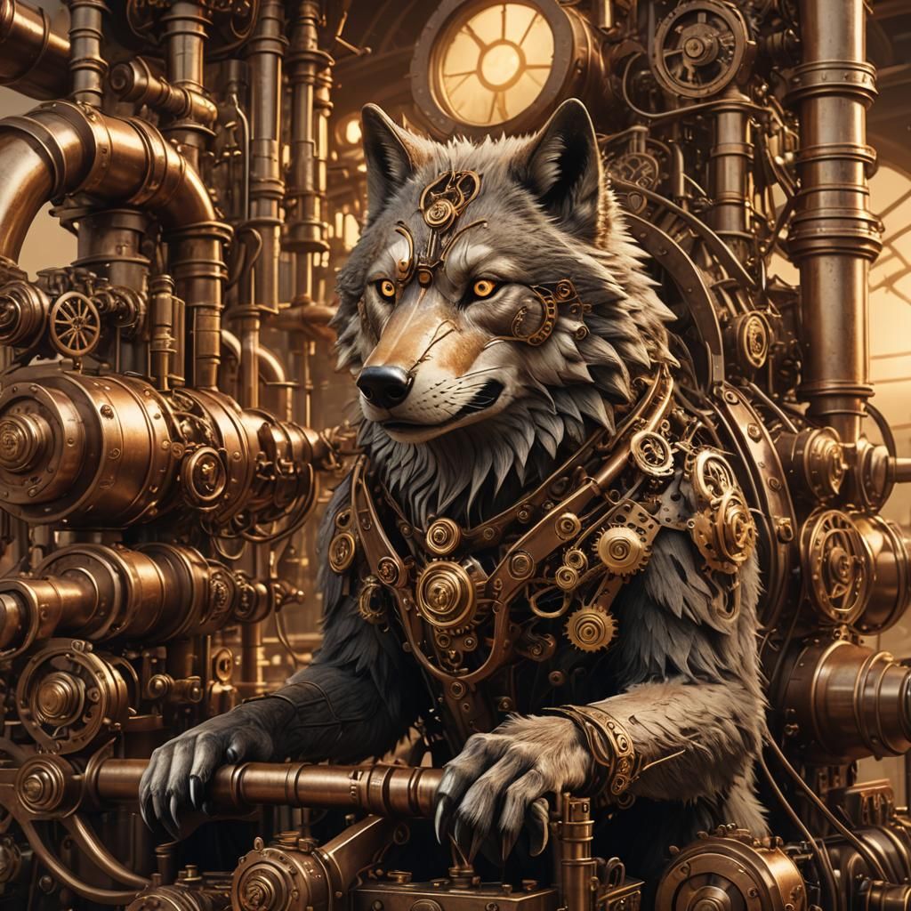 Steampunk Wolf on Engine in Sepia Tones