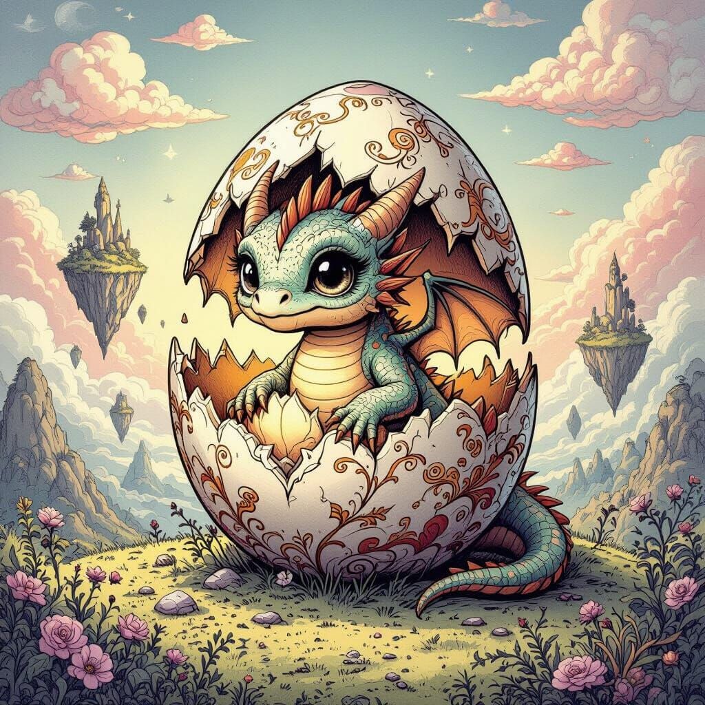 Whimsical Baby Dragon Hatches in Surreal Dreamscape
