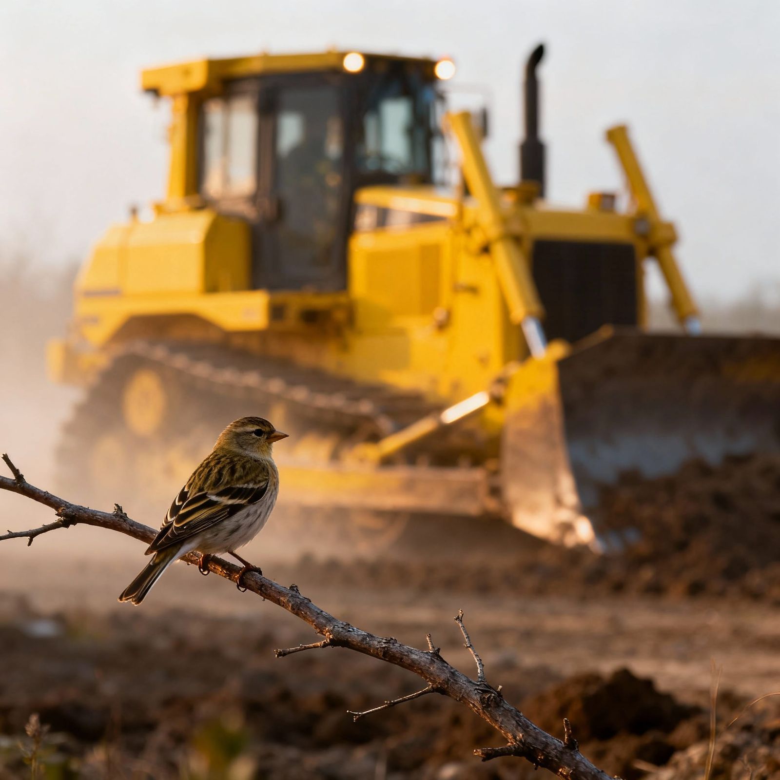 Finch on Branch Amidst Bulldozer's Yellow Haze