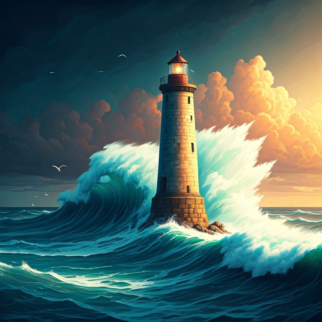 Lighthouse Battling Colossal Waves in Retro-Futuristic Style