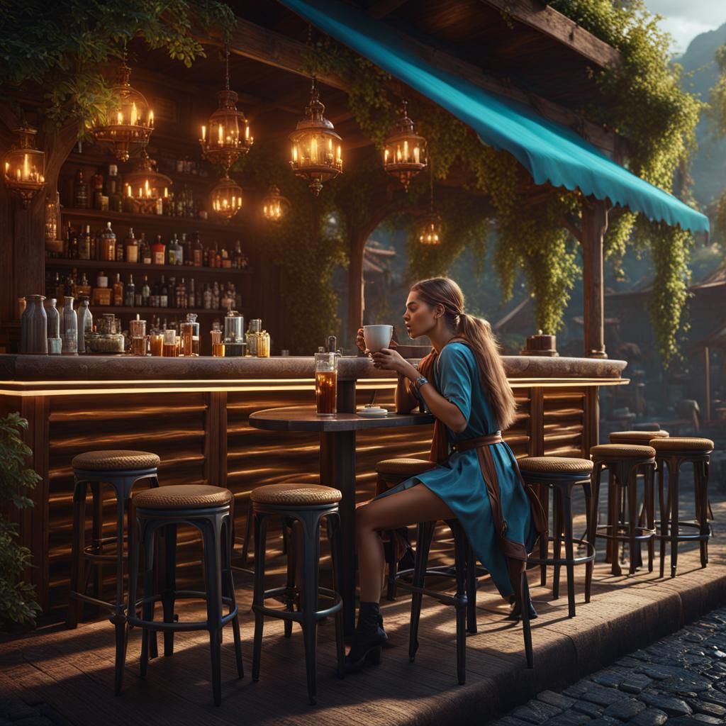 Girl at Outdoor Bar: Detailed Matte Painting