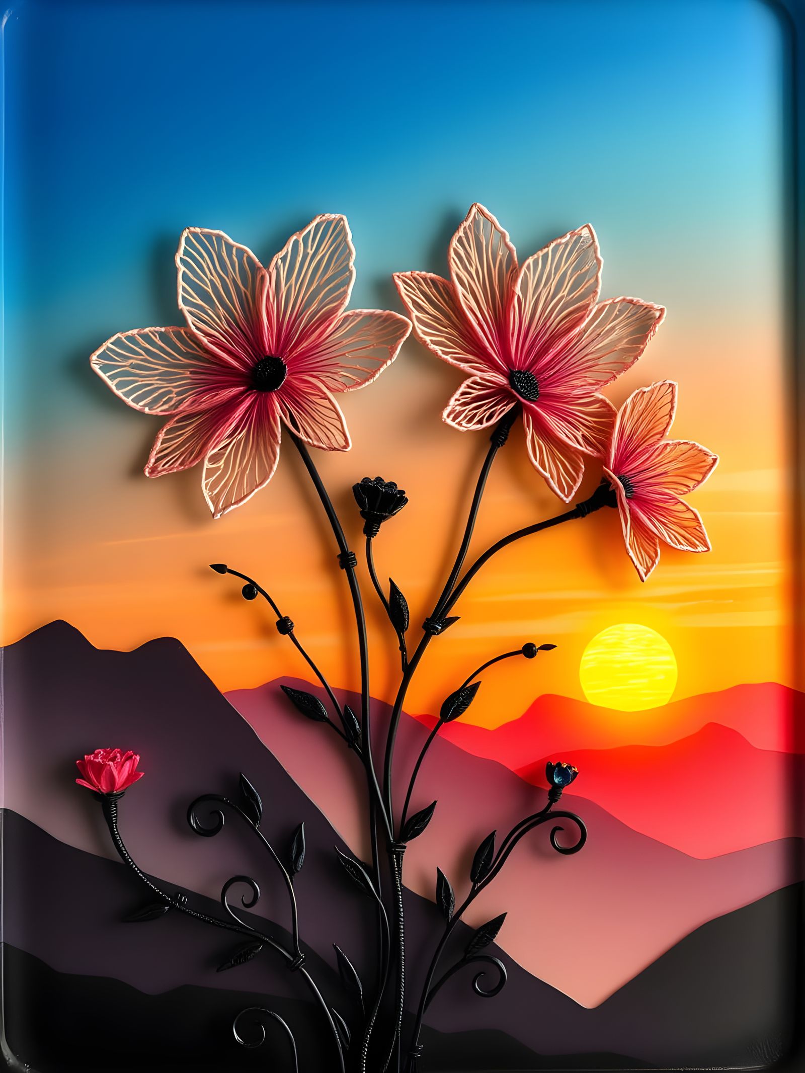 Resin Wire Art: Flower Blooms at Sunset