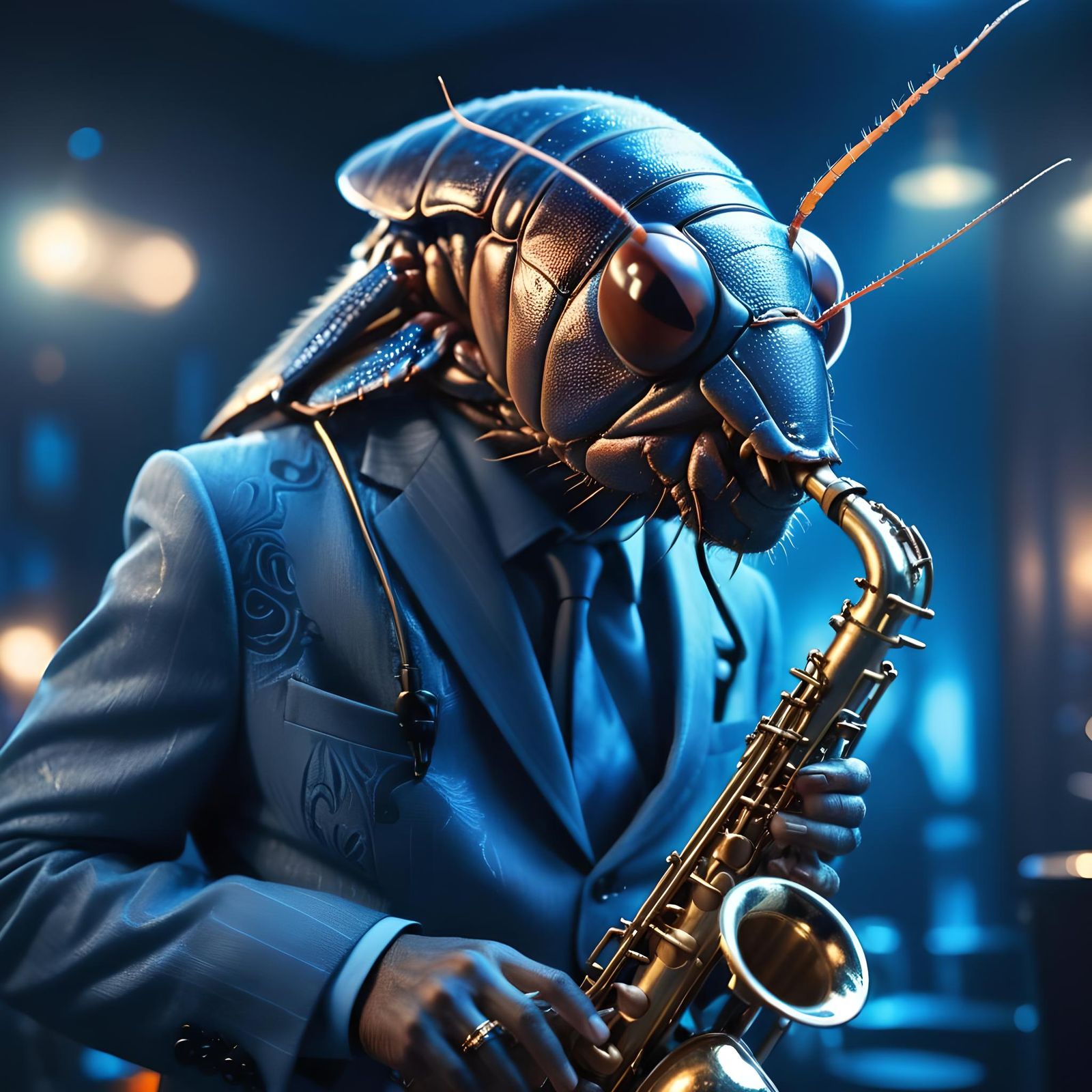 Cockroach Jazz Musician in Blue Monochrome