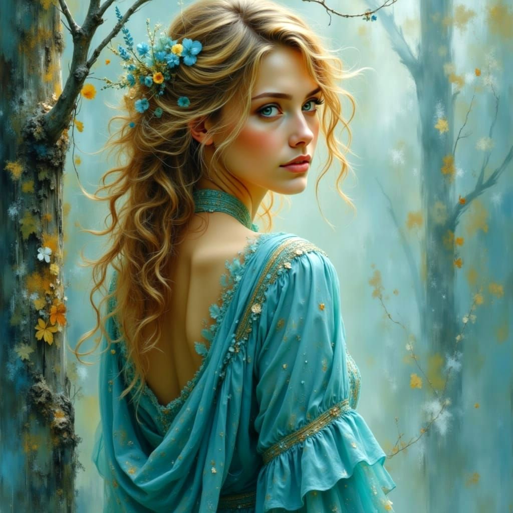 Mystic Woman in Encaustic Post-Impressionist Painting