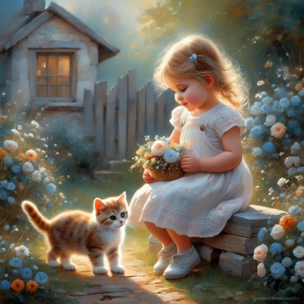 Vintage Whimsical Scene of Toddler and Adorable Cat in a Gar...