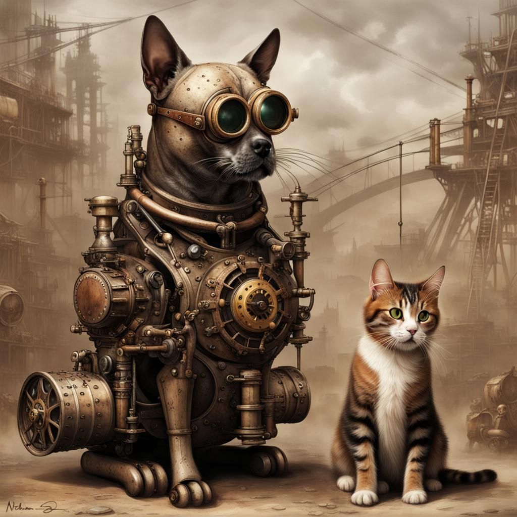 Dog and Cat in a Post-Apocalyptic Steampunk World