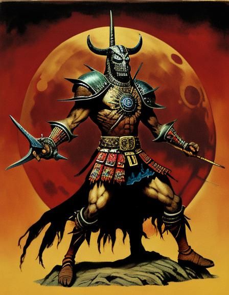 Dark Macabre Fantasy Aztec warrior, Baginski, Hieronim Bosh, Dali, red moon, golden sun.